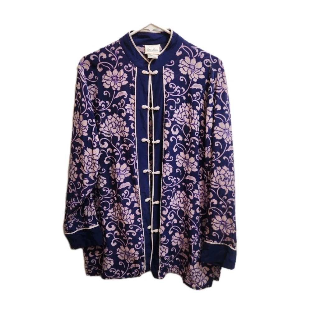 VTG Yi Lin Women's Silk Tunic/Tang Suit Blue Floral Cheongsam Size Large